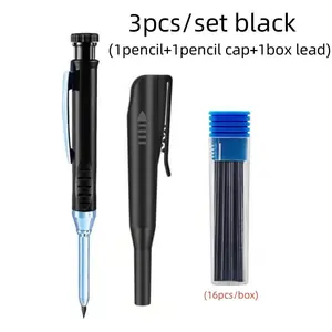 Carpenter Pencil Set, 3pcs Including 1 Deep Hole Mechanical Pencil & 1 Box Refill & 1 Pen Cap, Construction Pencil for Woodworking Drafting