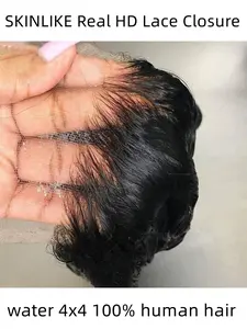 Water Wave 4x4 Skinlike Real HD Lace Closure, Ultra-Thin Swiss Lace Pre Plucked for Natural Look, Virgin Human Hair for Wet Wavy Curls