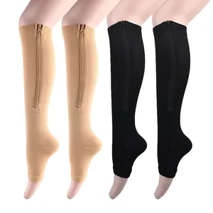 2Pairs Women's Open Toe Sports Compression Socks, Breathable Toe Less Leg Support Shaping Socks With Zippered Socks, Elastic Socks, Long Tube Socks, Calf Socks