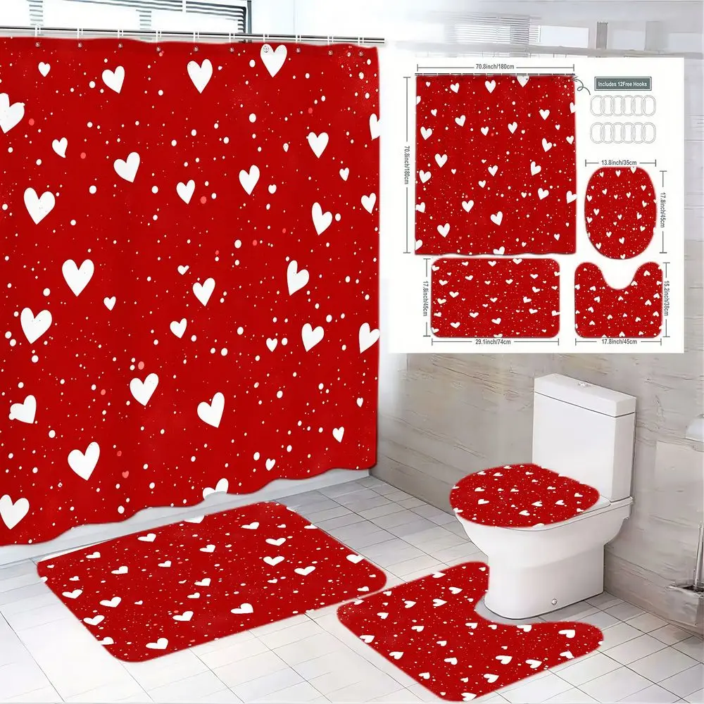 1/4pcs Valentine'S Day Bathroom Set 4 Piece, Red Shower Curtain with White Heart & Dot Pattern, U-Shaped Floor Mat, Oval Rectangular Floor Mat, Toilet Lid Cover - Cohesive Playful Design for Romantic Bathroom Decor, Bathroom Decoration Accessories