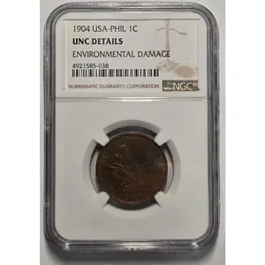 1904 USA-PHILIPPINES 1 CENTAVO NGC UNC DETAILS ENVIRNMENTAL DAMAGE Cert. Coin