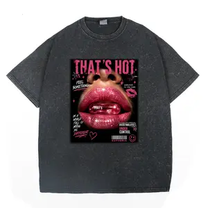 Cute Y2K Shiny Sexy Lips Print Washed Meme T-Shirt, That's Hot Euphoria Graphic Tee, Women's Crewneck Short Sleeve Top For Daily Wear, 2000s cute clothes, vintage clothing, oversized tshirt women