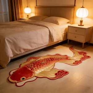 1pc Light Luxury Special-shaped Living Room Sofa Plush Carpet Red Gold Koi Pattern Study Art Rug New Chinese Style Bedroom Decoration Bedside Carpet Home Fluffy and Soft Dressing Table Non-slip Floor Mat