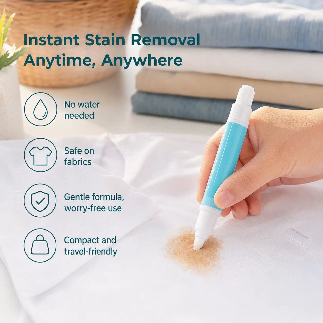 1 Count, Portable No-Wash Fabric Stain Remover Pen, Dual Tip Design for Cotton Linen Synthetic Clothing Stain Removal