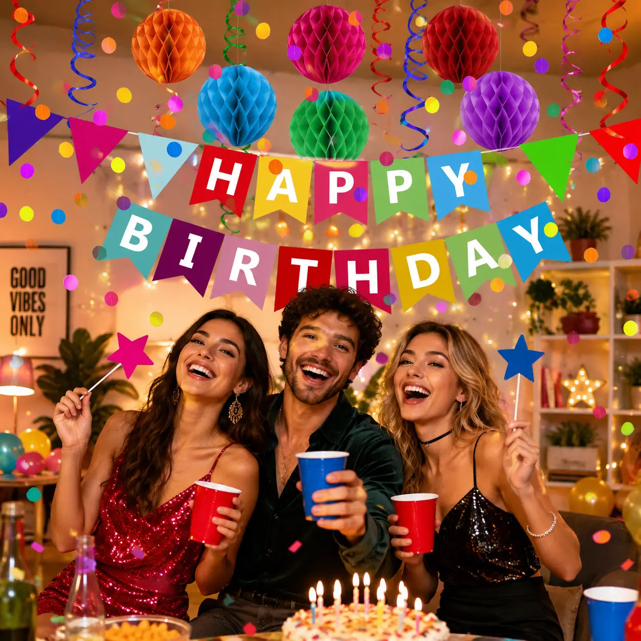 Vibrant Metallic Circle Happy Birthday Banner Set - Hangable Hanging Bunting Banners, Paper Flags, Confetti Garland, Swirly Streamers, Honeycomb Balls, Reusable Decor, Birthday-Themed Festive Pennants for Kids DIY Party Backdrop Decor