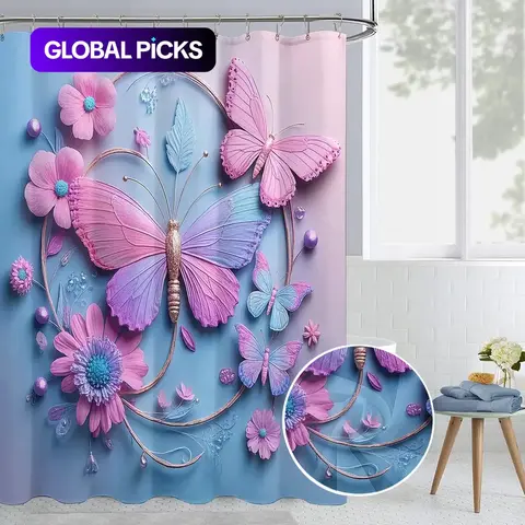 Butterfly Print Waterproof Aesthetic Shower Curtain Set with 12 Hooks, Ideal for Home or Hotel Bathroom Decor #GLOBAL PICKS