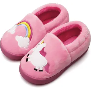 F-SOK28 Plush Warm Slippers for Girls Boys Kids Toddlers Winter Fur Lined Indoor House Home Shoes