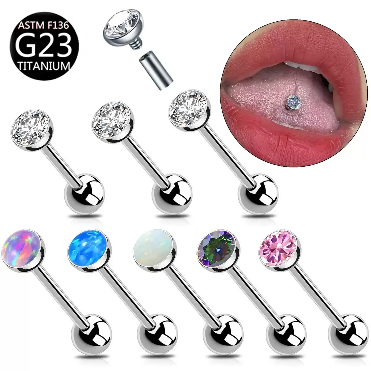 3PCS Titanium Clear Pink Cubic Zirconia & Opal Tongue Rings Set