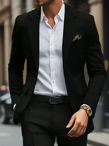 Men's Solid Color Formal Business Suit Jacket, Slim Fit Long Sleeve Lapel Neckline Blazer for Work Office, Fashion Men's Clothing for Summer