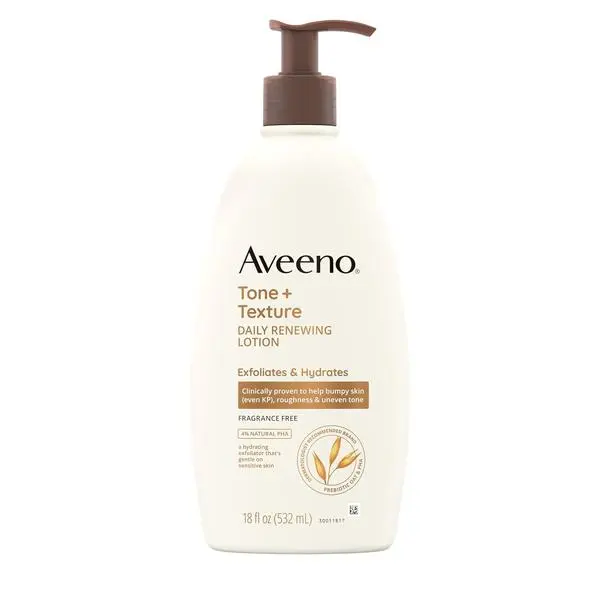 Aveeno Tone + Texture Renewing Body Lotion, Fragrance-Free, 18 fl. oz | Prebiotic Oat, Hydrates & Smooths Dry, Rough, Bumpy Skin Even Keratosis Pilaris