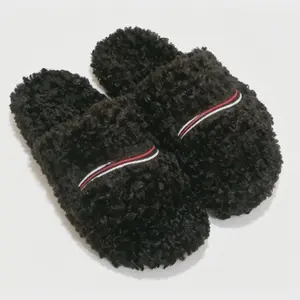 Women's Dark Brown Curly Teddy Fleece Open-Toe Slide Slippers Premium soft plush lining for cloud-like comfort Chic red and white striped accent adds a stylish touch Versatile indoor/outdoor design perfect for fall and winter seasons