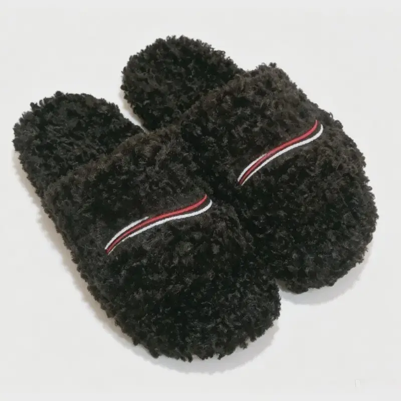 Women's Dark Brown Curly Teddy Fleece Open-Toe Slide Slippers Premium soft plush lining for cloud-like comfort Chic red and white striped accent adds a stylish touch Versatile indoor/outdoor design perfect for fall and winter seasons