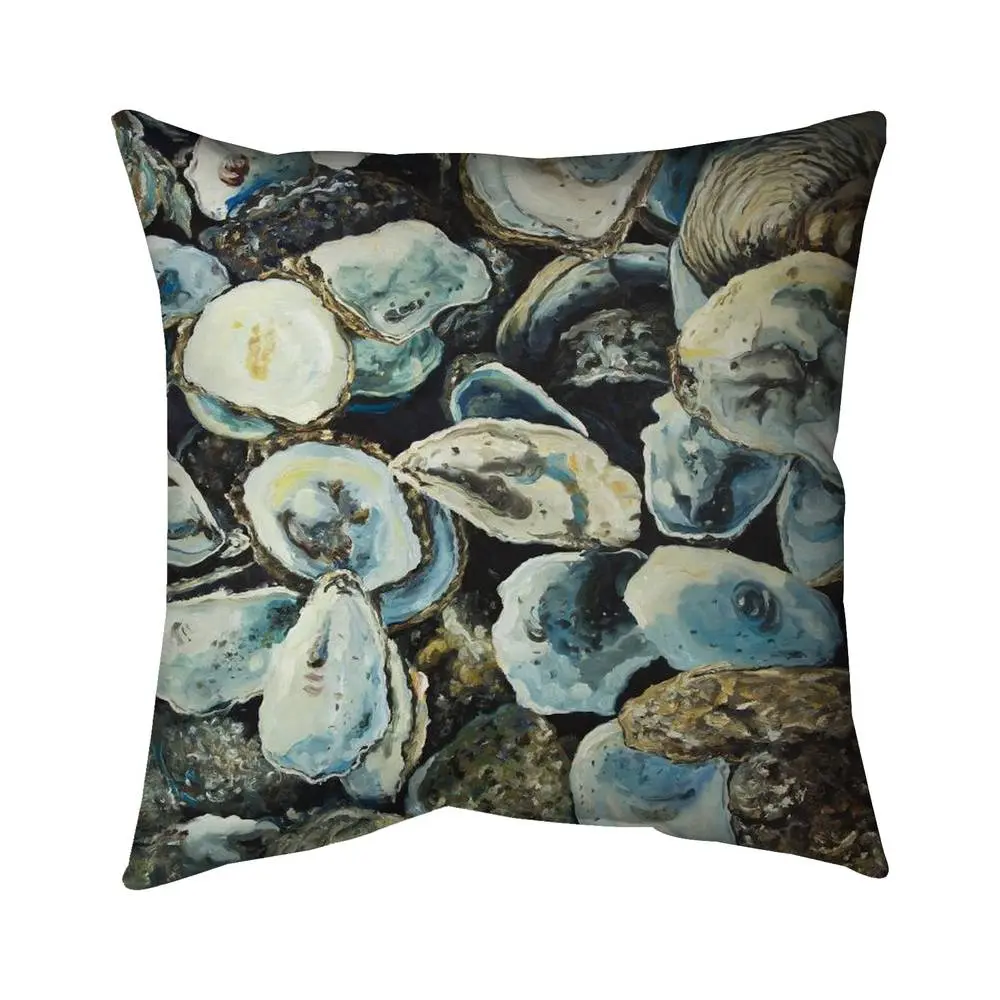 Begin Home Decor 5541-1616-CO164 16x16 in. Coastal Nautical Decorative Oyster Shells Blue Pillow - Interior Marine Decor, Polyester Insert Included, Poly Twill