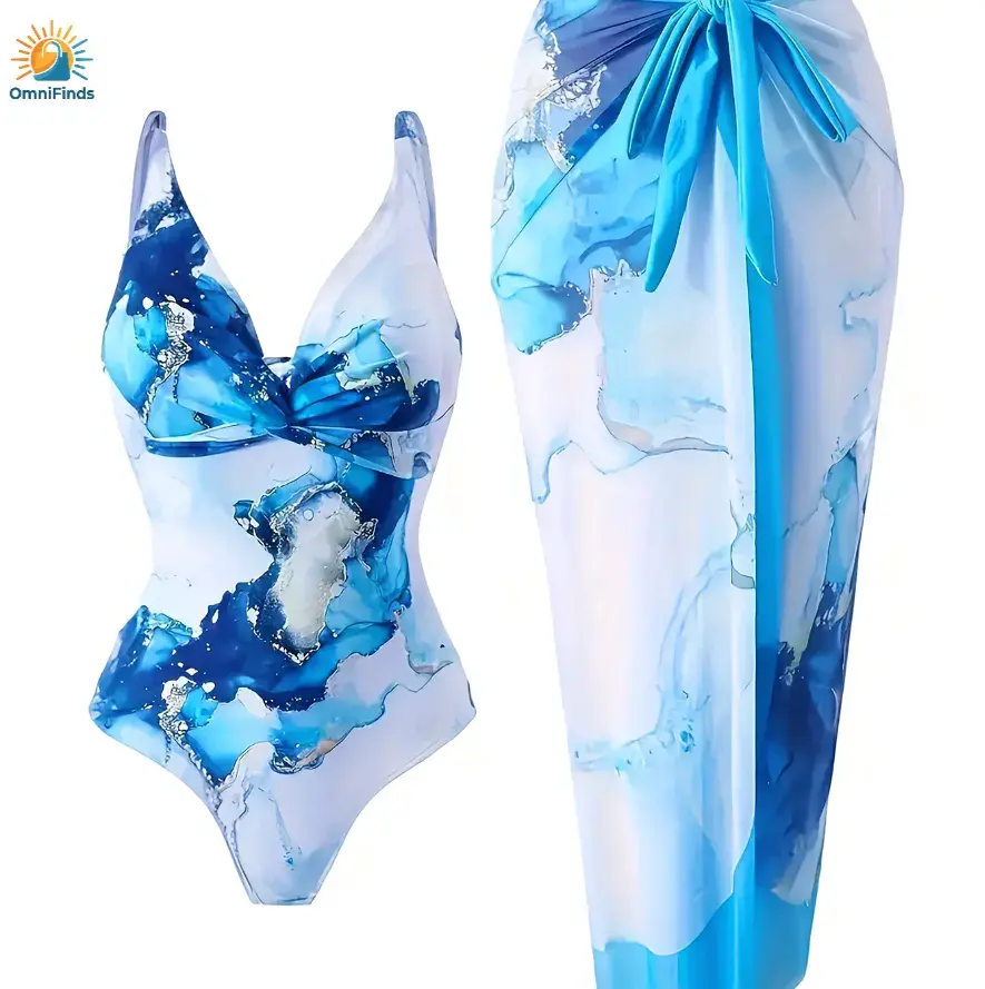 Women's V Neck Twist Front One Piece Swimsuit Set Blue Marble Print Bathing Suit with Tie Sarong Cover Up Tummy Control Beach Vacation Outfit