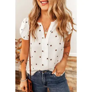 White Polka Dot Print Ruffled Shoulder V Neck Tank Top