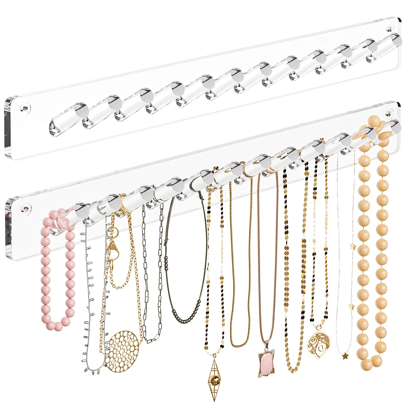 MaxGear 2-Pack Wall Mounted Acrylic Necklace Organiser - Smooth Transparent, 24 Hooks, 11.4"w x 1"d, Easy Installation with Adhesive Tape, Home Organizer for Vanity/Closet, Tangle-Free Jewelry Storage (Bathroom Compatible)