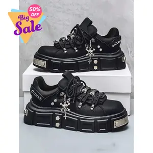 Platform Men's Derby Shoes, Skull Head Decor, Colorblock, Casual Punk Style High-Top Sneakers