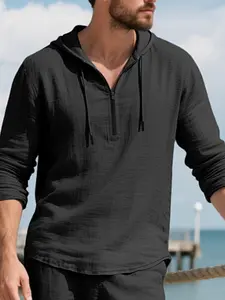 Men's Casual Vacation Hooded Half-Zip Shirt, Sweat-Wicking Breathable Linen Fabric, Spring Summer Daily, Beach Holiday Wear