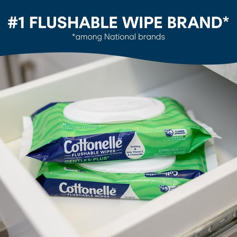 Cottonelle GentlePlus Flushable Wet Wipes, 8 Flip-Top Packs, 42 Wipes Per Pack
