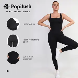 POPILUSH Built-In Shapewear Jumpsuit Thigh Slimming Workout Pants Long Sleeveless Activewear for Tummy Control & Buttocks Enhancement - Gym Clothing-live