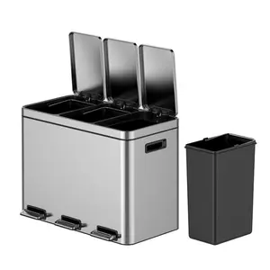 Gaomon Dual Stainless Steel Step-On Trash Can - 3x4 Gal (3x15L) with Recycling Compartment, Soft-Close Lid, Removable Plastic Buckets for Kitchen & Home Use, Home Trash Can, Kitchen Trash Can