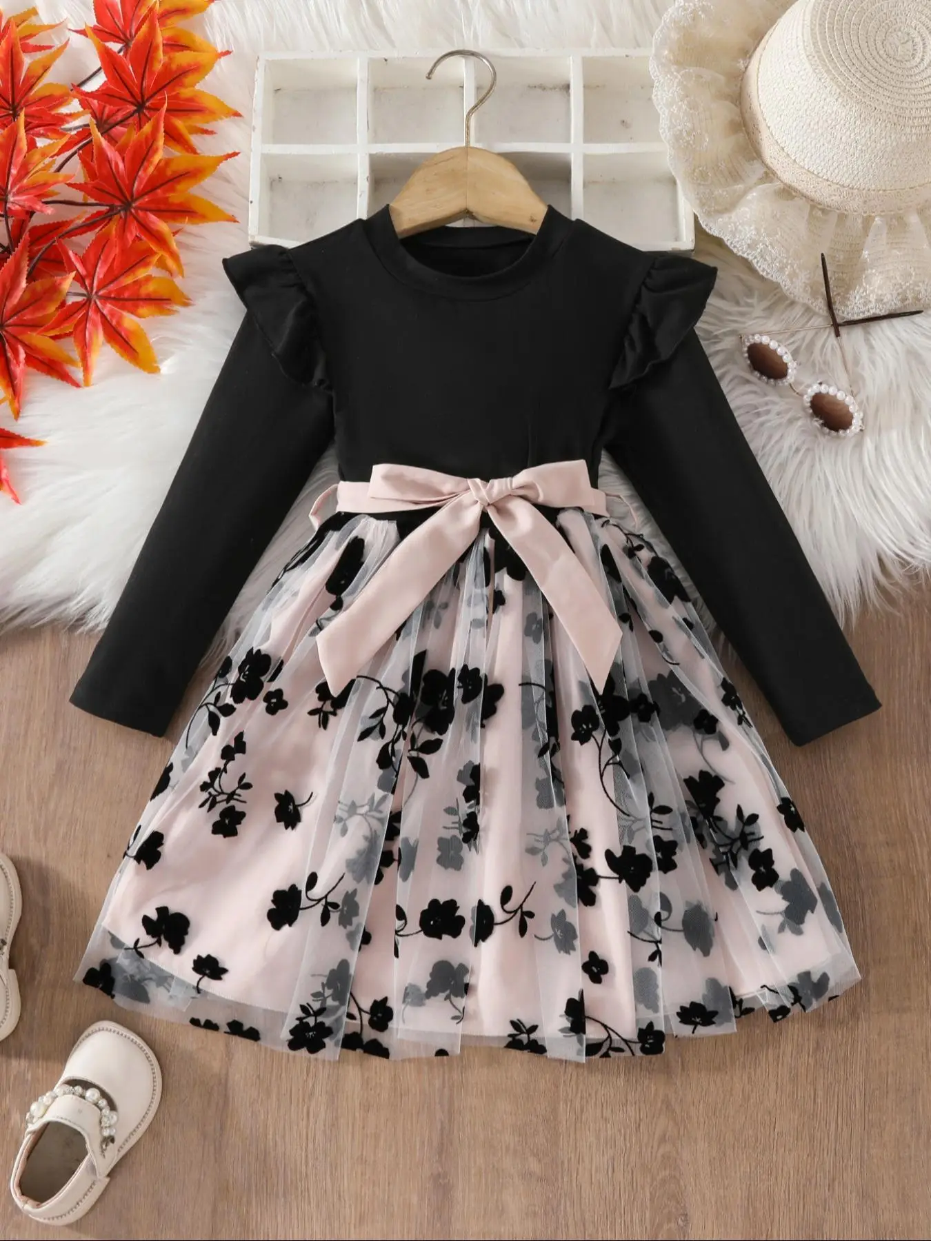 Girl's Floral Patchwork Print Contrast Mesh Ruffle Trim Belted Dress, Elegant Long Sleeve Round Neck A Line Dress for Party Holiday Wedding Guest, Kid