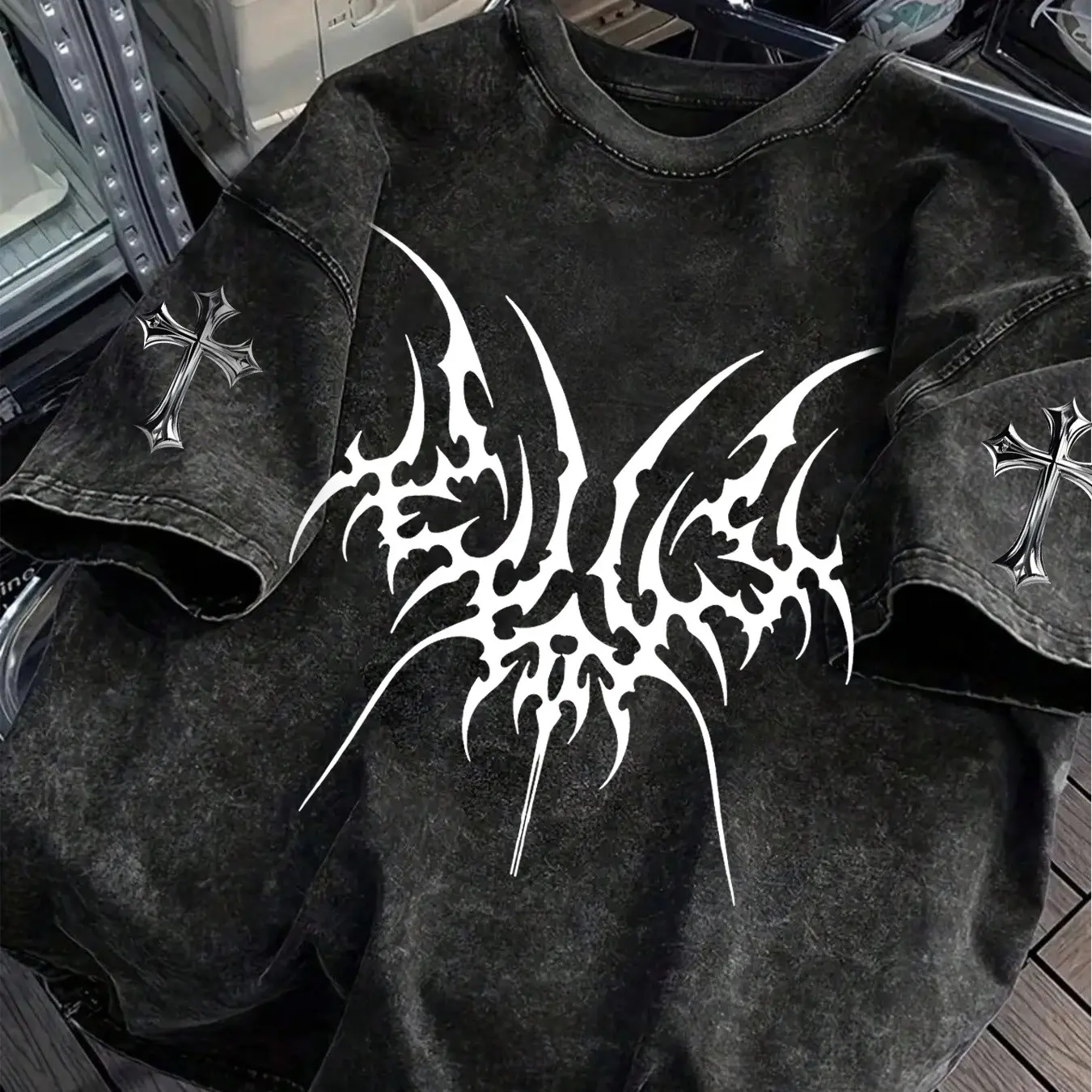 Men's Opium Style Acid Wash Oversized T-Shirt - Cyber Tribal Metal
