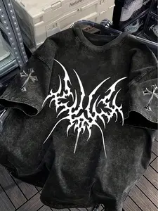 Men's Opium Style Acid Wash Oversized T-Shirt - Cyber Tribal Metal Graphic Heavyweight Cotton Tee, Gothic Cross Print Streetwear Top for Dark Aesthetic & Night Club Outfits