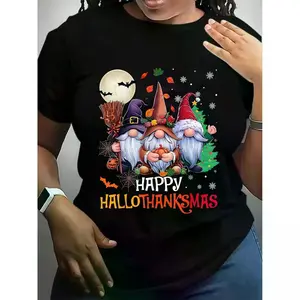 Men's Soft Slim Fit Black Cotton T-Shirt Happy Hallothanksmas Gnomes Design With Festive Halloween & Christmas Theme, Perfect For Outdoor Activities And Casual Attire
