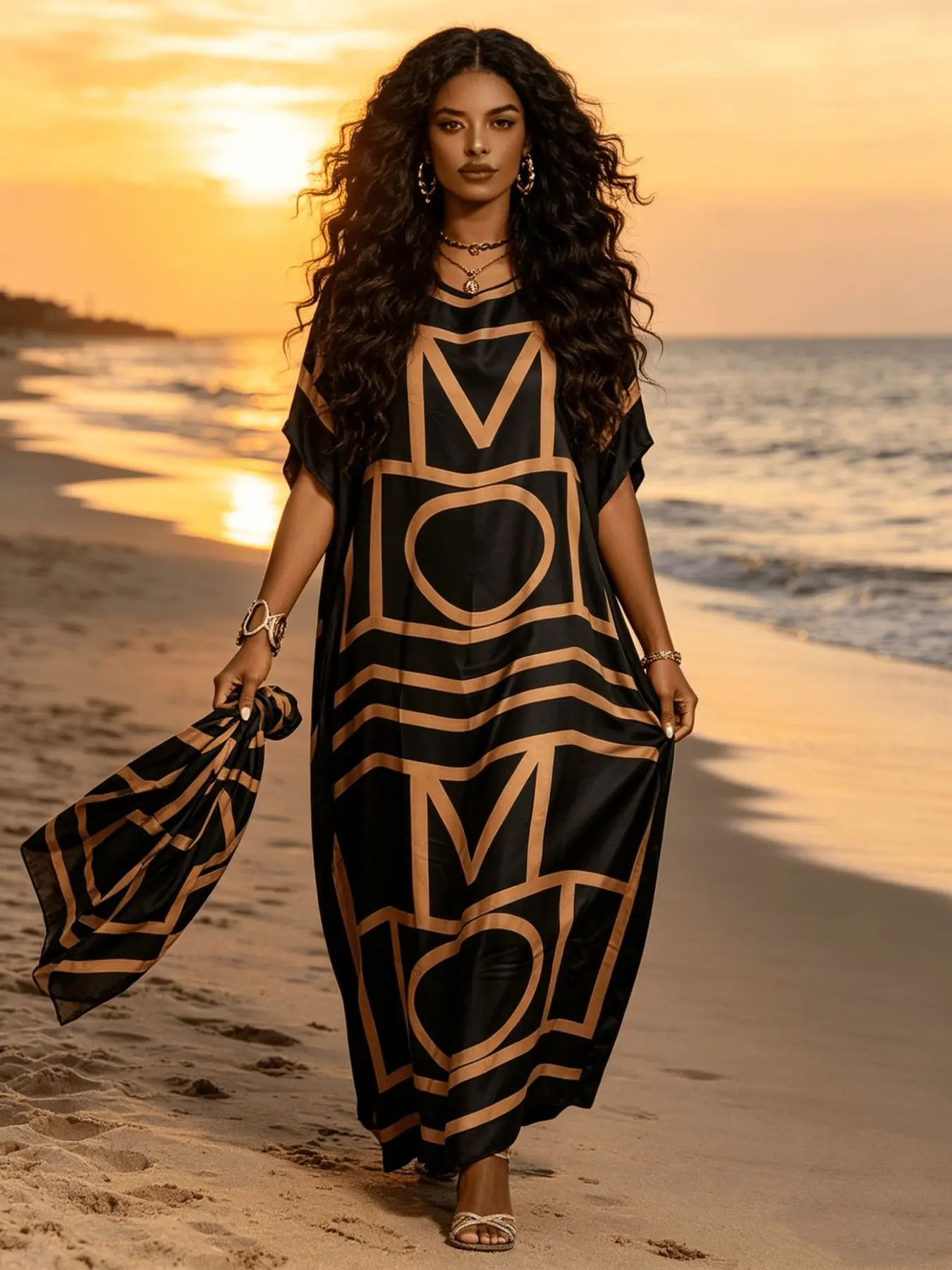 Boho Style Loose-Fitting Blouse Shirt Set, All-Over Geometric Letter Print, Long Dress with Scarf, Muslim Elegant Resort Wear, Womenswear, Bohemian Fashion