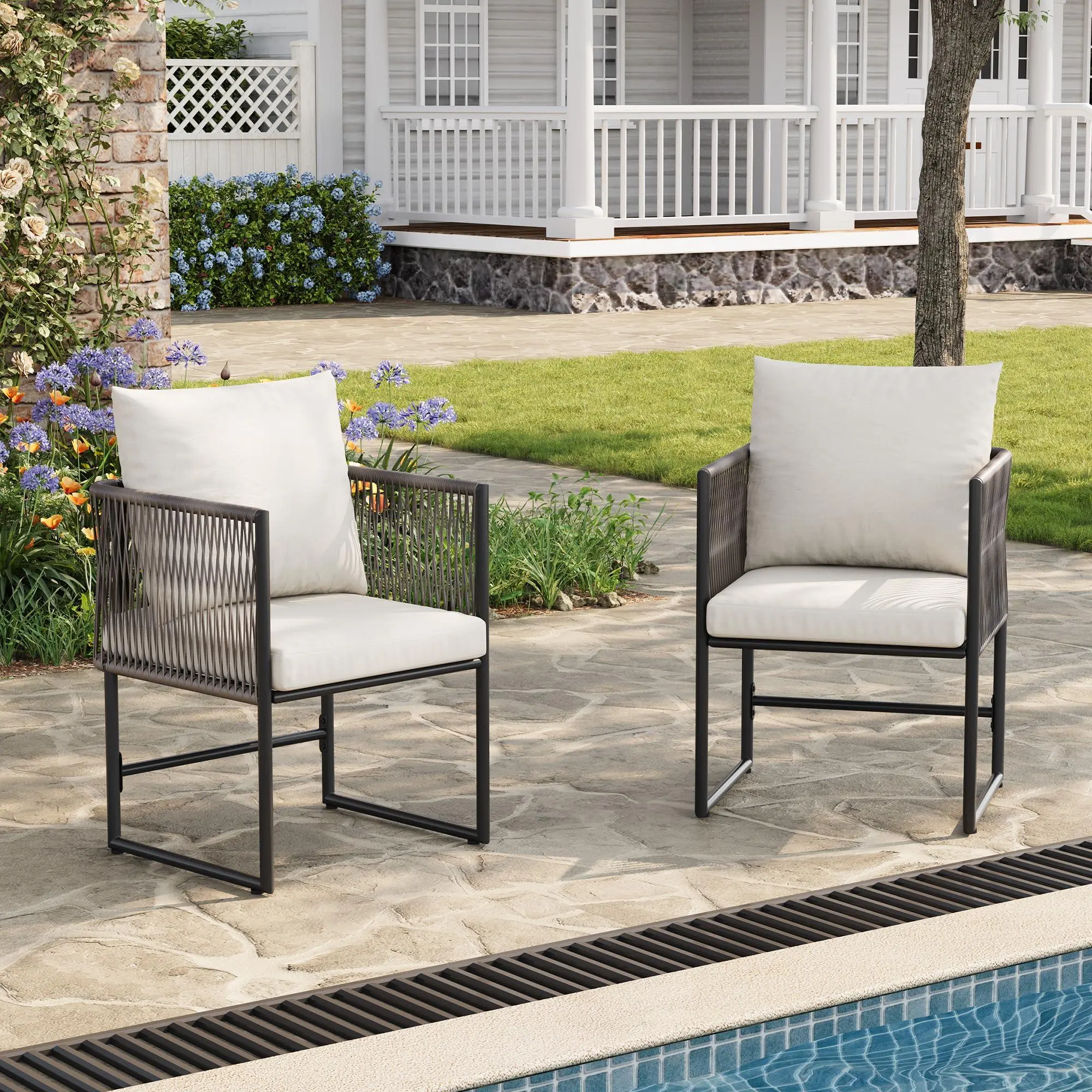 GARVEE Durable PE Rattan Cushioned Patio Chairs, Set of 2 - Outdoor Garden Balcony Indoor Furniture, Beige, Set Of Two