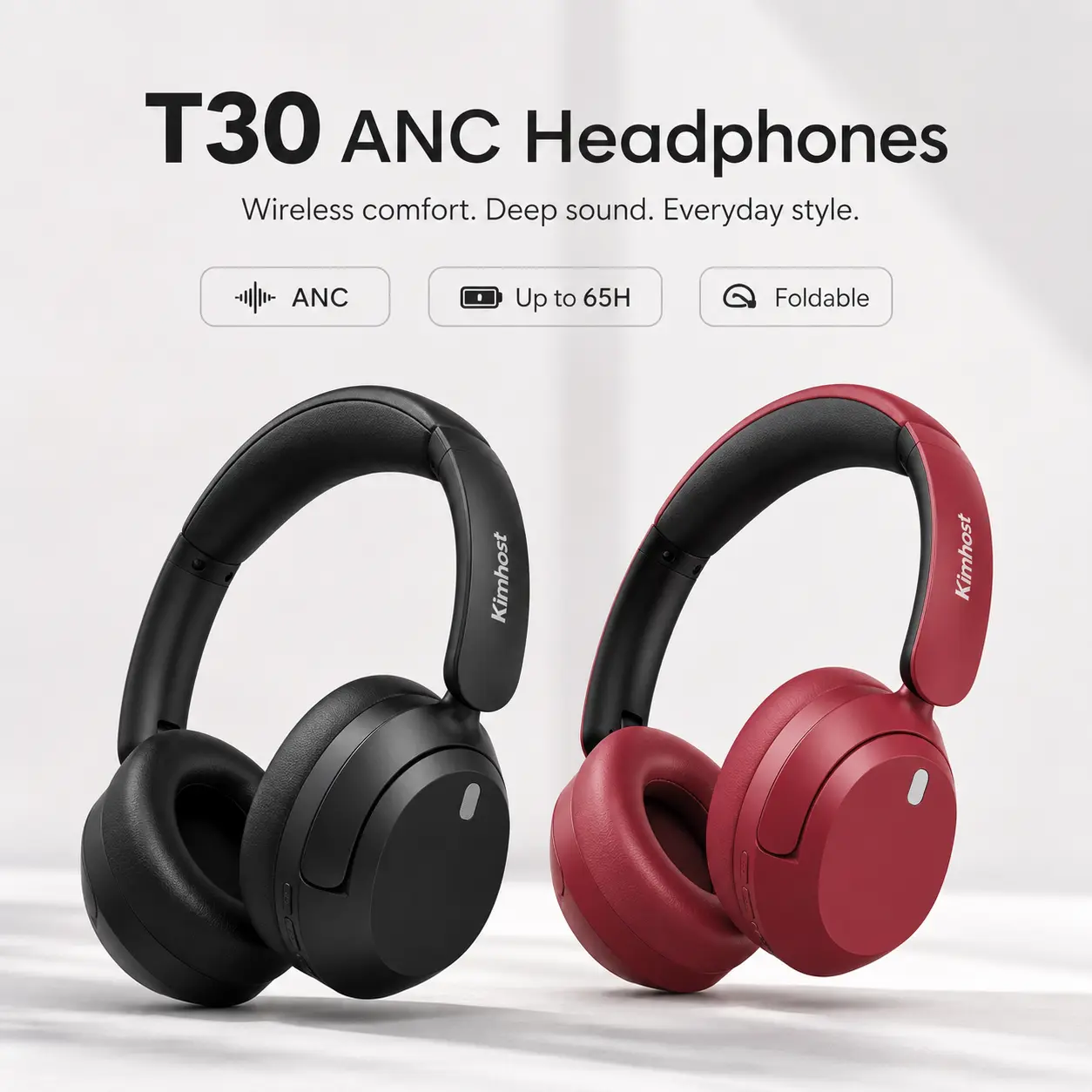 【Premium Music Headphones 60H】Hybrid Active Noise Cancelling Headphones, Playtime Bluetooth Over Ear Headset with Mic, Hi-Res Deep Bass, Memory Foam Ear Cups, Wireless ANC Headset for Travel,Work,Calls – Perfect Gift Family, T30,