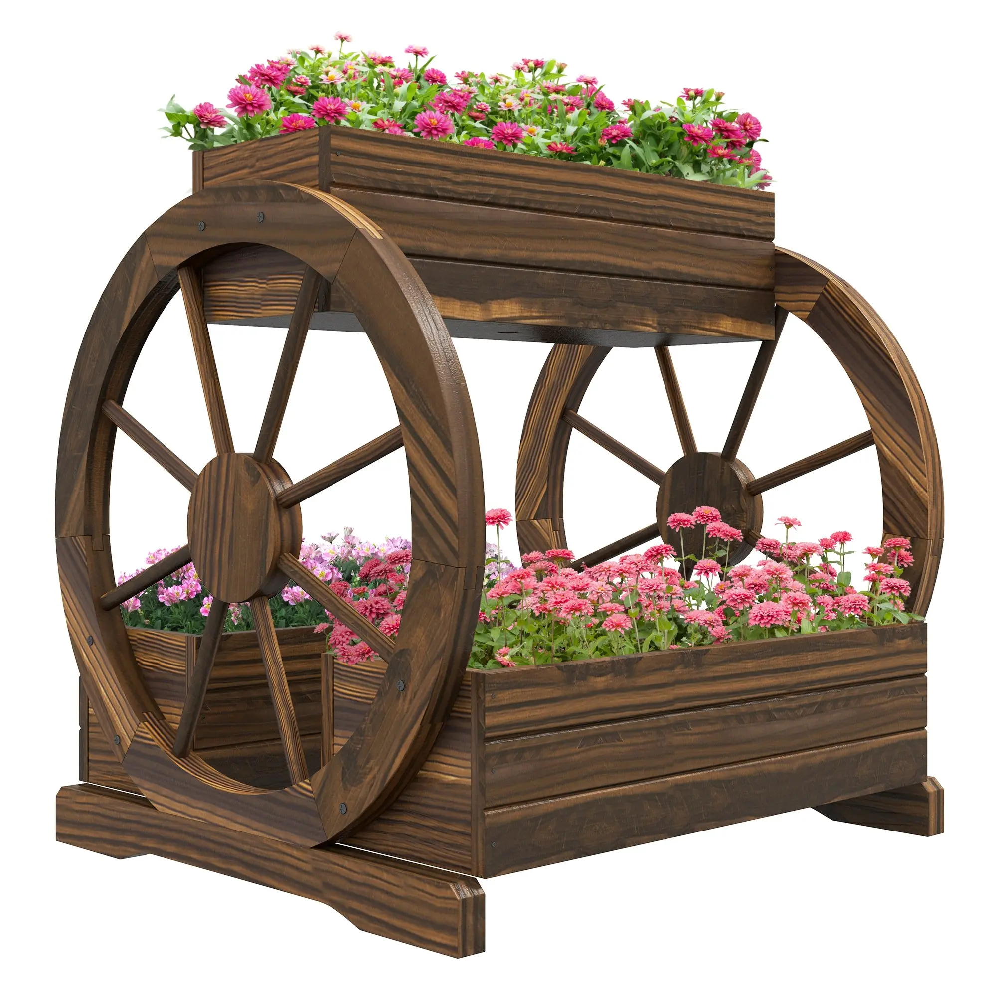 Carbonized Wooden Wagon Planter Box - 2-Tier Rustic Planter with Drainage, 2 Decorative Wagon Wheels, 55 lbs Capacity, Assembly Guide, Complete Assembly Instructions, 25.25" L x 21.25" W x 23.5" H for Entryway, Patio Decor