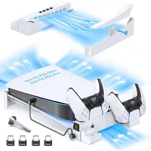 PS5 Horizontal Stand and Cooling Station with 3-Level Cooling Fan, Dual PS5 Controller Charger for  5 Controller, Horizontal PS5 Cooling Stand