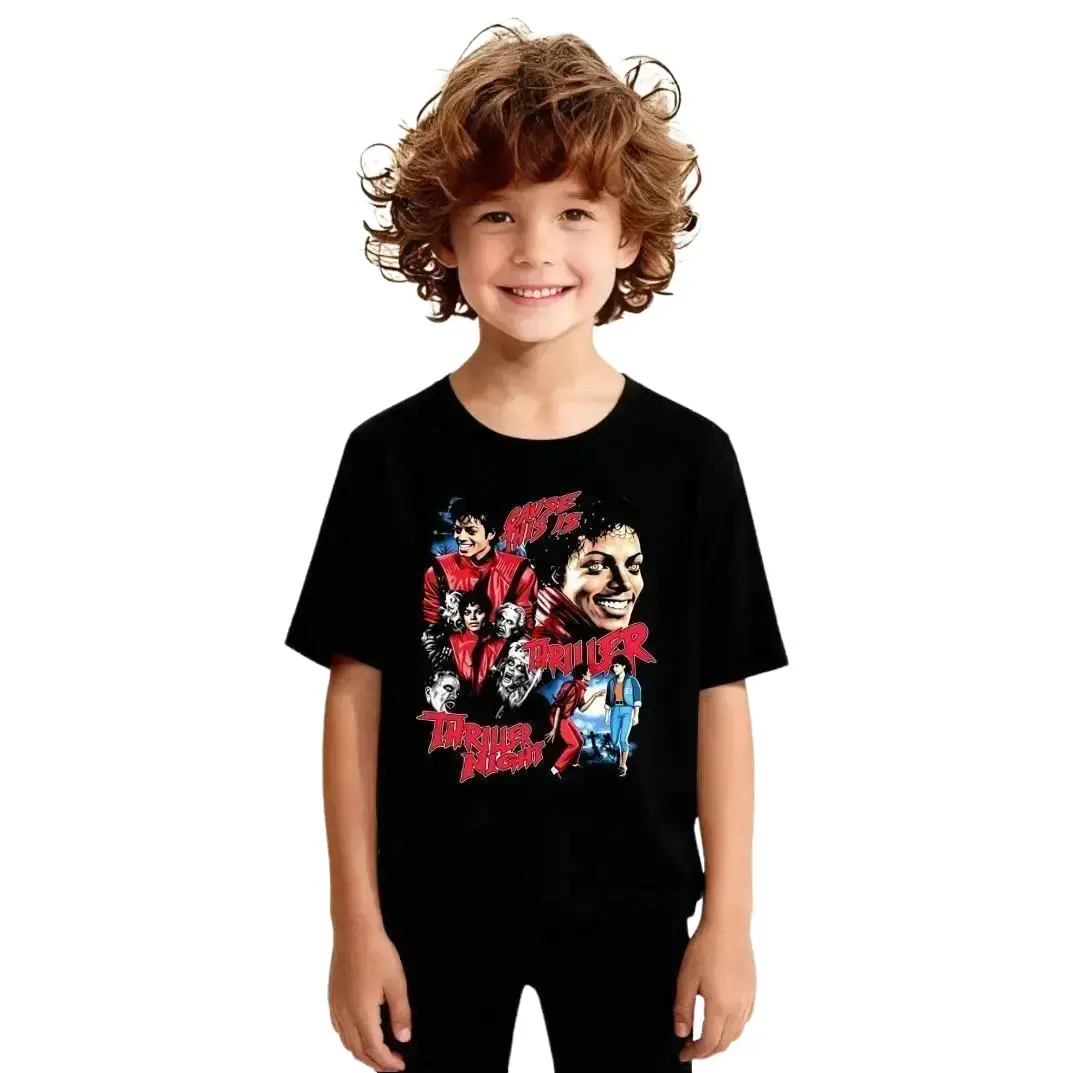 Michael Jackson Kids Cotton T-Shirt, Boys Girls King of Pop Graphic Tee, Vintage Music Fan Short Sleeve, Soft Breathable Summer Casual Top, MJ Birthday Holiday Gift
