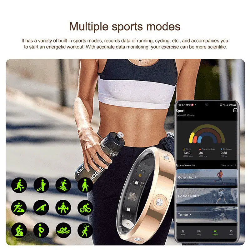 Smart Ring Health Tracker - Heart Rate, Blood Oxygen, Blood Pressure, Sleep & Activity Monitor, Rose Gold Size 10