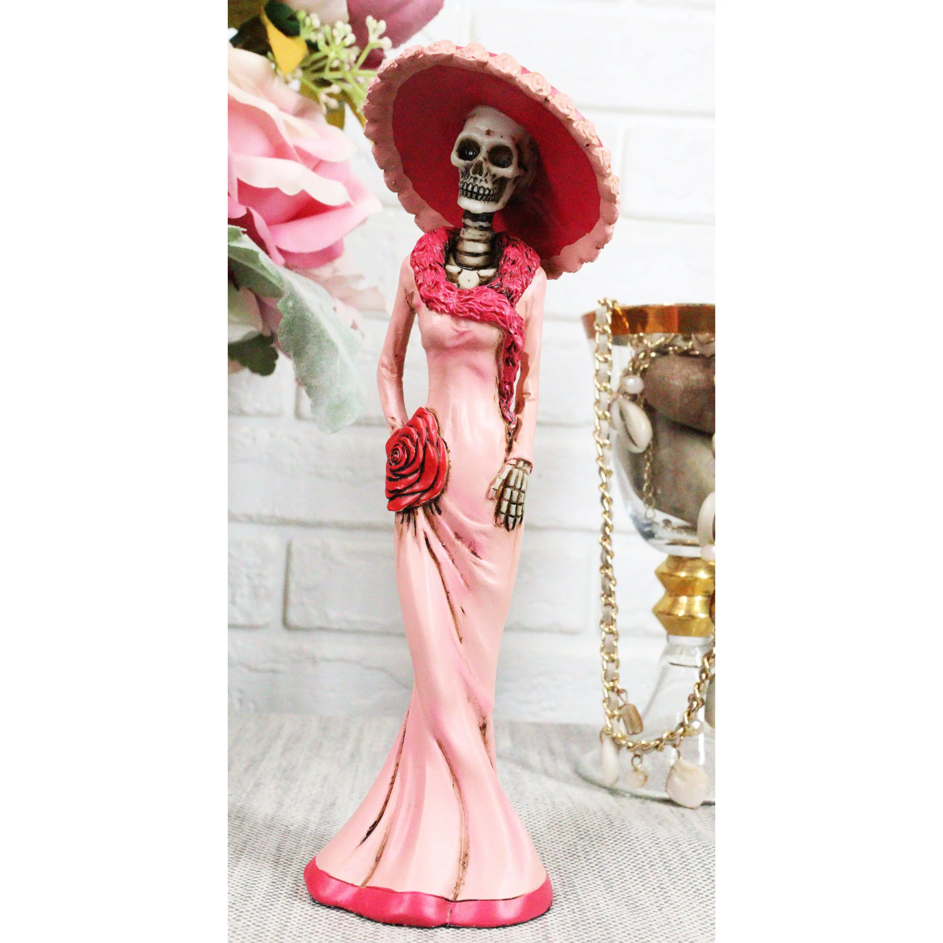 Ebros Gift Day of The Dead DOD Skeleton Lady Rosa with Pink and Red Cocktail Gown Figurine 8.25" Tall Sugar Rose Flower Fashion Diva Statue