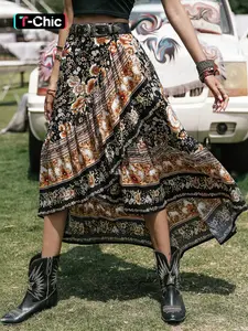 Women's Floral Print Skirt, Boho Casual Skirts, Boho Hippie Skirt, Boho Fashion Casual Skirt for Daily Holiday Vacation Wear, Ladies Bottoms for Summer