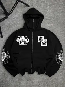 Unisex Hooded Zipper Sweatshirt, Dual-Layer Head Cover Warm Design, Letter Print Jesus Faith Pattern, Loose Fit Streetwear
