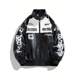 Men’s trendy faux leather racing jacket — black and white, windproof stand collar, zip-up with zippered pockets; stylish motorcycle gear for spring and fall; casual attire jacket | stylish stand collar | zippered jacket