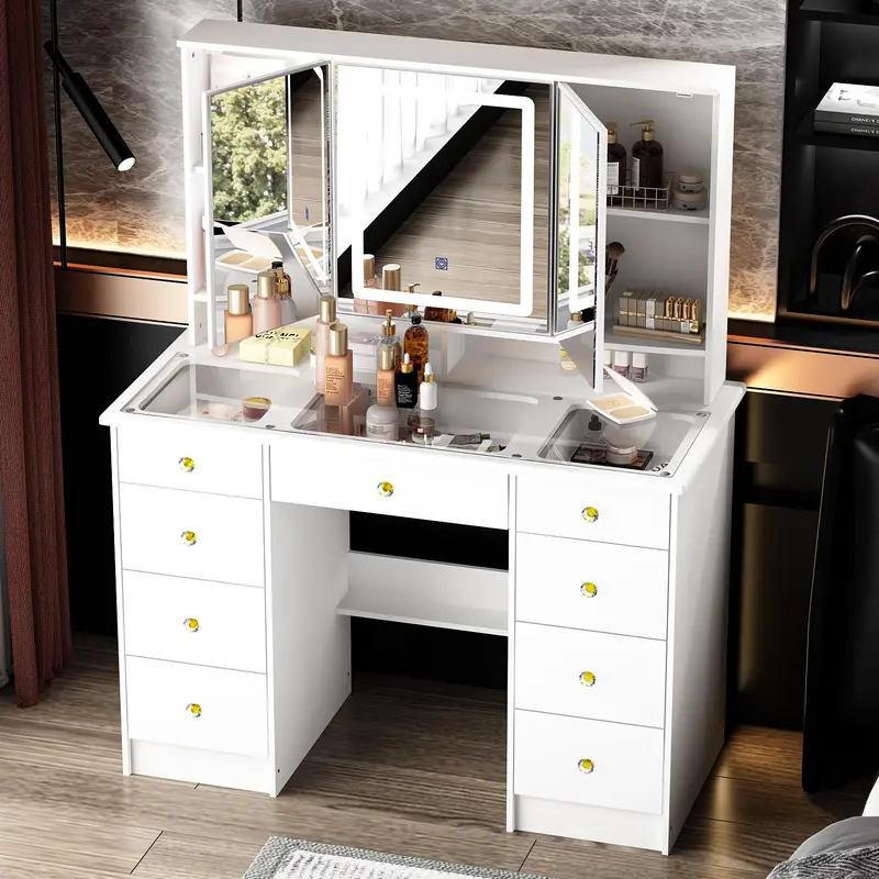 FUFU&GAGA Modern Rectangular LED Vanity Desk Furniture - 43.3"W Engineered Wood Makeup Desk with 9 Drawers, 3-Mirror, Touch Screen Warm/Cool Lighting, Polished Shelf, Ample Storage (Mother's Day Gift) for Makeup Vanity Organization