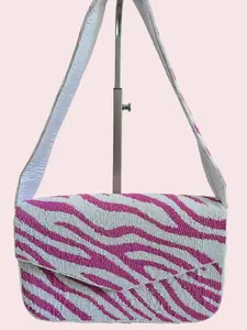 Women's Pink Zebra Print Hand-Beaded Shoulder Bag with Matching Strap - Intricate Craftsmanship & Practical Cotton Lining