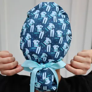 KimKaps Fit Check Scrub Cap - Bouffant Style with Light Blue Ribbons - 100% Cotton - Made in USA - Unisex Design - CRNA Era Scrub Hats