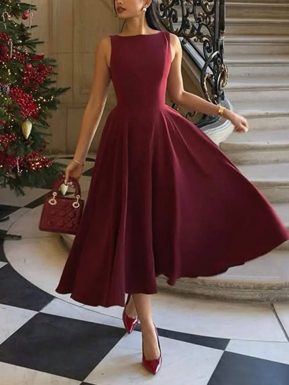 ✨ Women's Elegant Burgundy Dress, Sexy Hollow Out Backless Dress For Christmas, Cocktail Parties And Evening Wear.