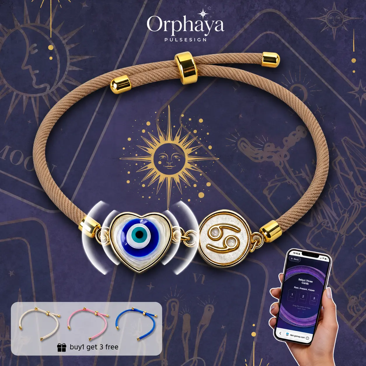 Unisex Modern Tap-Enabled Smart Oracle NFC Zodiac Bracelet/Anklet - Nylon Band, Adjustable, Pearl-Embellished Evil Eye Charm Talisman, Tarot Symbols, Horoscope Access for Daily Wear