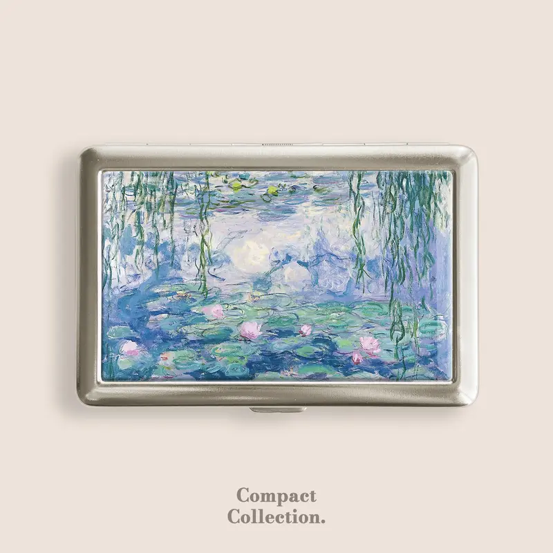 Vintage Stainless Steel Cigarette Case - Claude Monet Water Lilies Design, Press-Open Access, 100s Blunt Holder, 4"l x 2 2/3"w x 2/3"h Compact Size, Adult ID Card Holder, Epoxy Resin Storage Box, Home Organizer Accessory, Ideal Gift