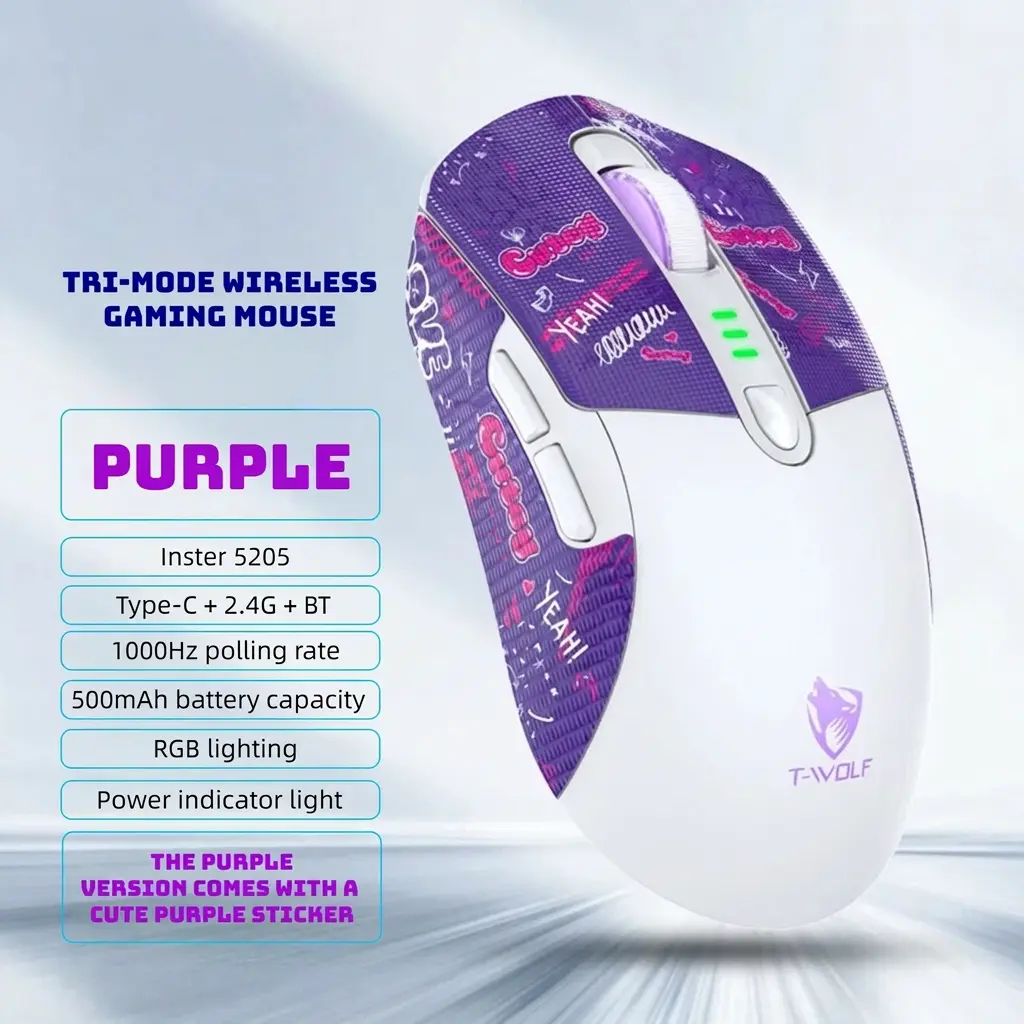 T-WOLF X5 RGB Wireless Gaming Mouse, Tri-Mode Bluetooth 2.4G USB-C Rechargeable Mouse, 12800 DPI PC Gamer Mouse with Custom Sticker Pack, White