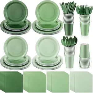 336 Pcs Sage Green Tableware Set Gradient Green 7 in 9 in Plates 9oz Cups Supplies Disposable Paper Plates Napkins Cup Fork Knives Spoon for Party Shower Birthday Wedding