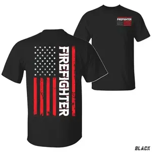 Firefighter Flag T-Shirt, Red Line Hero Patriotic Graphic, First Responder Pride Style, Soft Cotton, Made In USA, For Youth & Adult