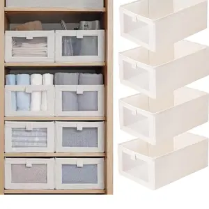 Linen Closet Organizers And Storage, 4 Pack Closet Storage Bins Linen Closet Baskets for Closet Organization Foldable Closet Organizer Bins with Clear Window For Organizing Clothing, Jeans, Shelves